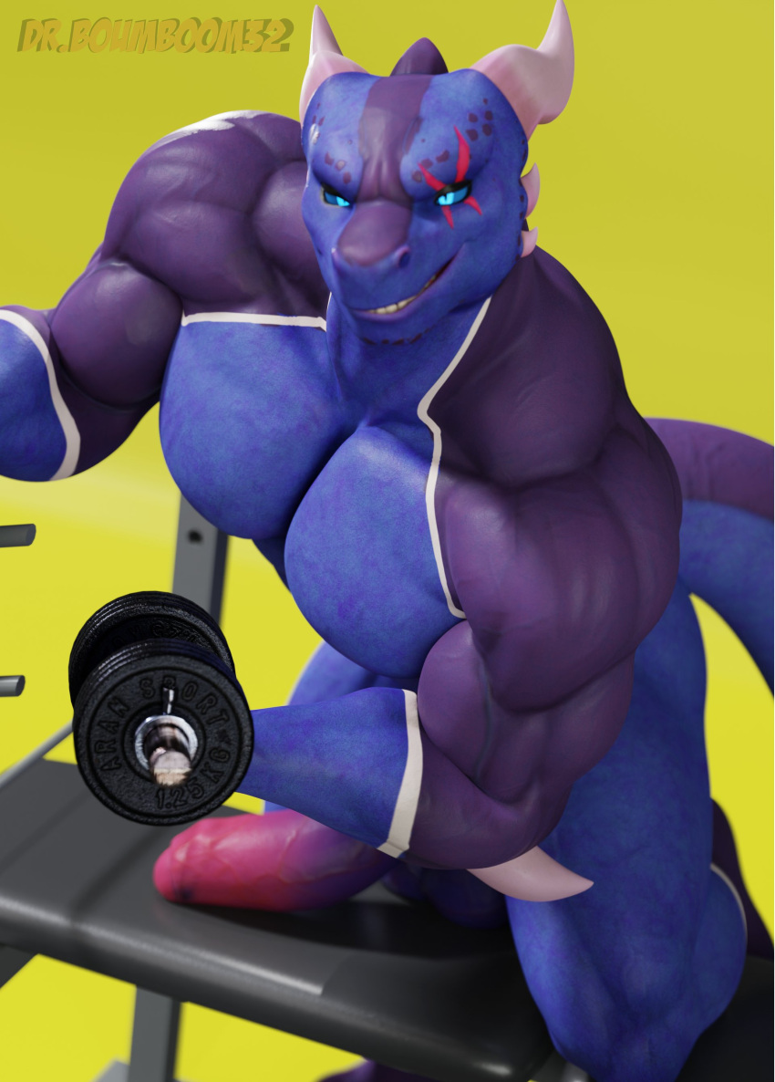 2022 3d_(artwork) absurd_res anthro artist_name balls barazoku biceps big_muscles big_penis digital_media_(artwork) dragon drboumboom32 dumbbell erection exercise foreskin genitals hi_res horn huge_muscles huge_penis humanoid_genitalia humanoid_penis kneeling looking_at_viewer male muscular muscular_anthro muscular_male non-mammal_balls nude on_one_knee pecs penis scales scalie selfie simple_background smile smirk solo standing teeth valorlynz wao_(e-zoid) weight_bench weightlifting weights workout yellow_background