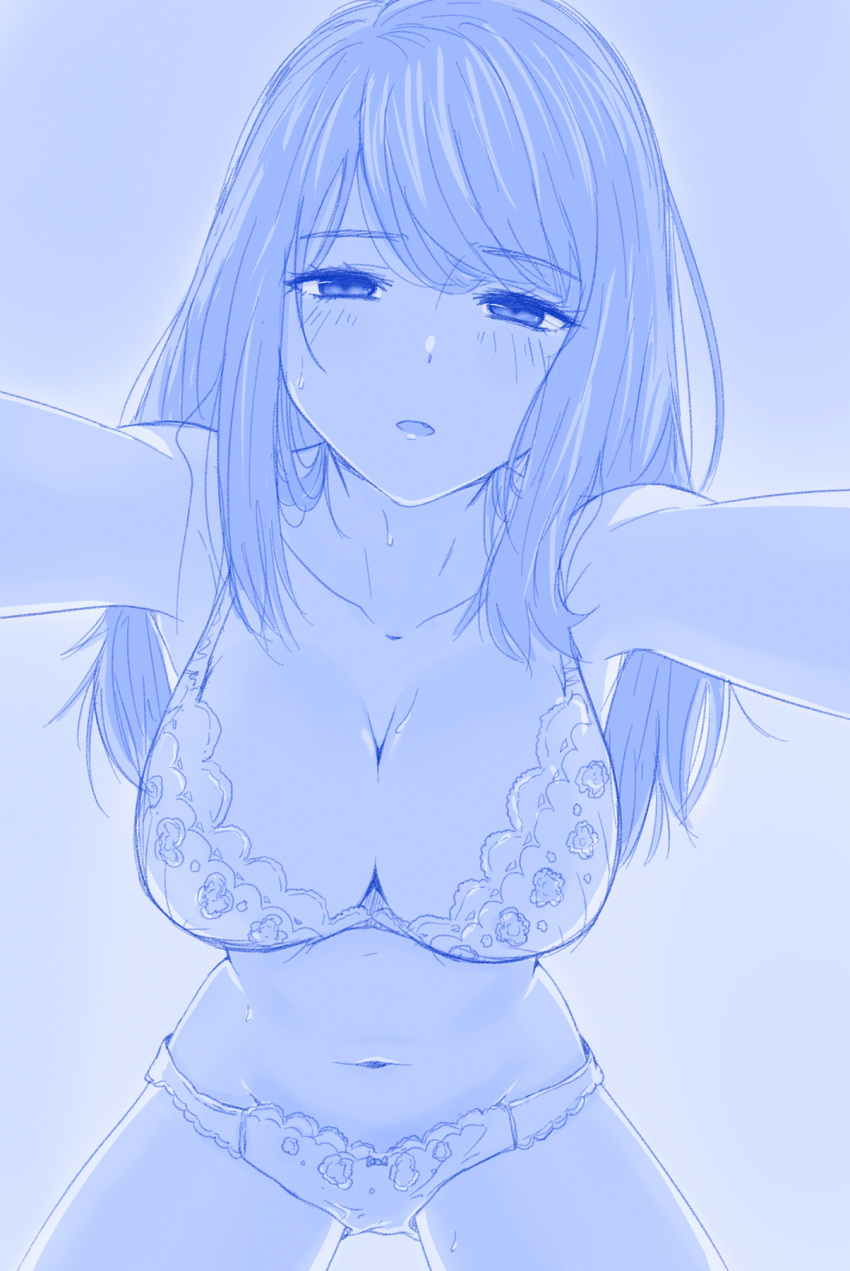 1girl aoe_nagi blue_theme bra breasts cleavage from_below highres large_breasts long_hair looking_at_viewer looking_down monochrome navel panties pov sagging_breasts shounen_no_abyss sketch solo underwear underwear_only viperxtr