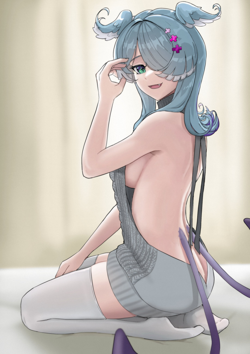+_+ absurdres ass backless_outfit bare_arms bare_shoulders blue_hair breasts butt_crack colored_tips dress elira_pendora fang from_side green_eyes hair_over_one_eye hand_in_own_hair head_wings highres kuon_bb large_breasts long_hair looking_at_viewer low_wings meme_attire multicolored_hair nijisanji nijisanji_en no_bra open_mouth seiza sideboob sideless_outfit sitting smile sweater sweater_dress thighhighs turtleneck virgin_killer_sweater virtual_youtuber wavy_hair wings zettai_ryouiki