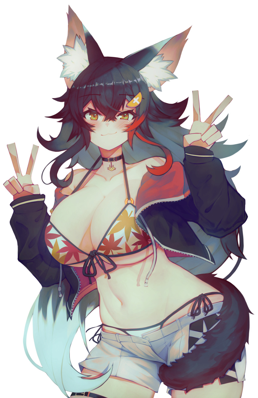 1girl :3 absurdres animal_ear_fluff animal_ears bangs bikini black_hair blush breasts flipped_hair grey_hair hair_between_eyes hair_ornament hairclip highres hololive jacket large_breasts long_hair looking_at_viewer multicolored_hair off_shoulder ookami_mio red_hair revision shorts sidelocks solo spiked_hair streaked_hair swimsuit tail tail_around_leg tail_wrap transparent_background v varniskarnis very_long_hair virtual_youtuber white_hair wolf_ears wolf_girl wolf_tail yellow_eyes