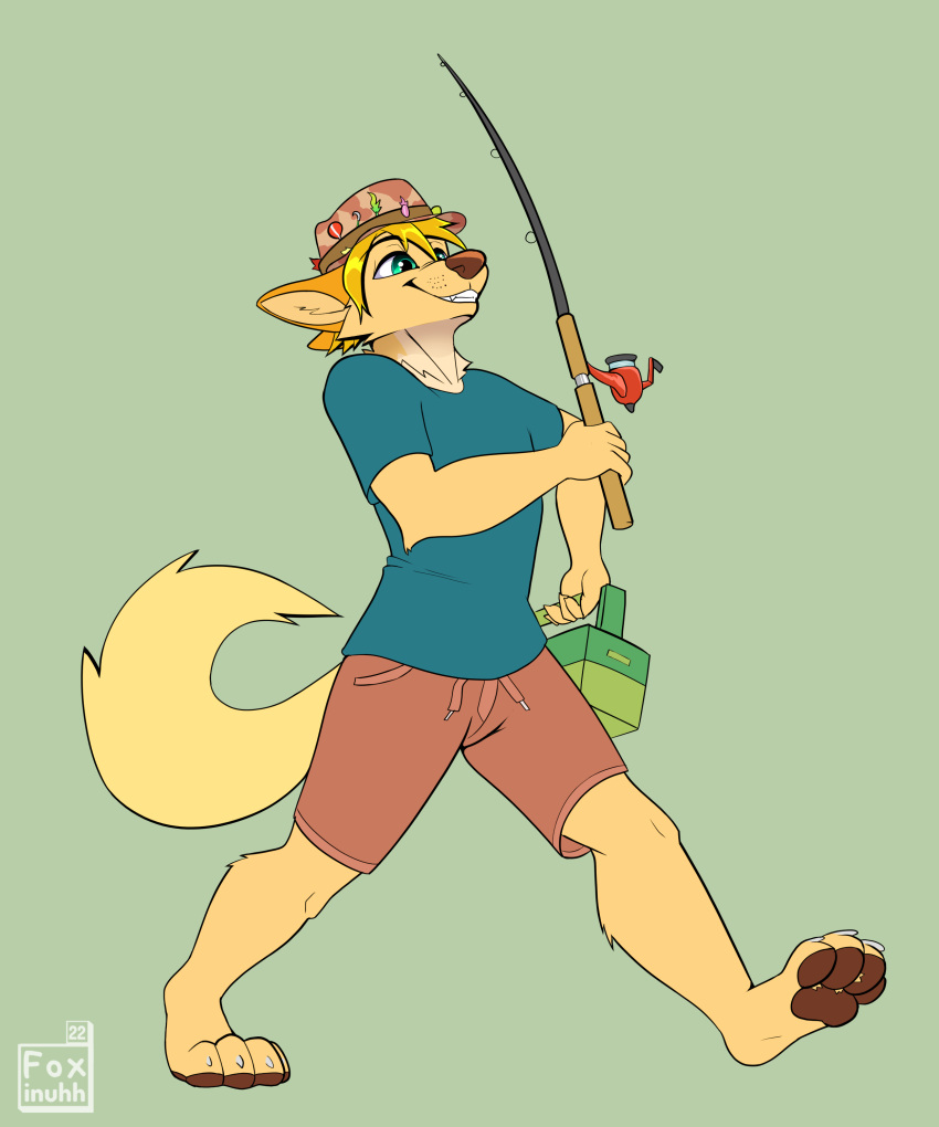 2022 4_toes 5:6 5_fingers absurd_res anthro blue_eyes bottomwear canid canine canis clothing digital_media_(artwork) digitigrade domestic_dog feet fingers fishing fishing_rod foxinuhhbox hair happy hi_res holding_object mammal shirt shorts simple_background teeth toes toolbox topwear watermark year