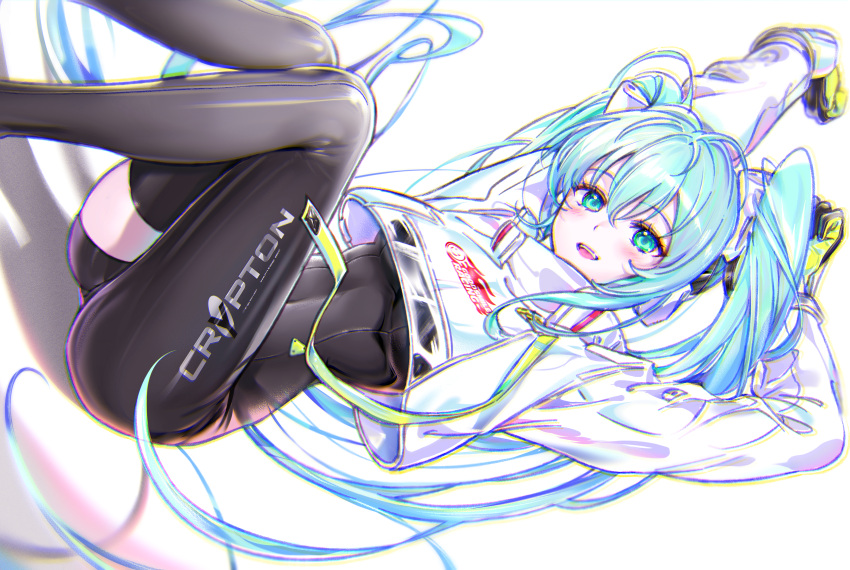 1girl absurdres aqua_eyes aqua_hair arms_up asymmetrical_bodysuit bangs black_bodysuit black_gloves black_thighhighs blush bodysuit breasts covered_navel crop_top crop_top_overhang cropped_jacket crypton_future_media flag flagpole gloves goodsmile_racing green_gloves hair_between_eyes hairpods hatsune_miku highres holding holding_flag jacket linea_alba long_hair long_sleeves looking_at_viewer medium_breasts open_mouth puffy_long_sleeves puffy_sleeves racing_miku racing_miku_(2022) shrug_(clothing) sidelocks single_thighhigh solo text_print thighhighs tj twintails two-tone_gloves underboob very_long_hair vocaloid white_background white_jacket