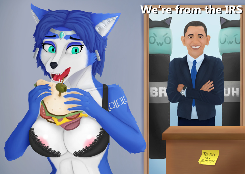 anthro areola areola_slip armor barack_obama black_body black_hair blue_body blue_fur blue_hair bra bruh canid canine clothed clothing female food fox fur gorillabulldozer group hair headgear headwear helmet hi_res human irs krystal krystal_can't_enjoy_her_sandwich male male/female mammal meme nintendo open_mouth owo partially_clothed sandwich_(food) shield star_fox suit tattoo tax_fraud tongue underwear united_states_of_america uwu video_games white_body white_fur