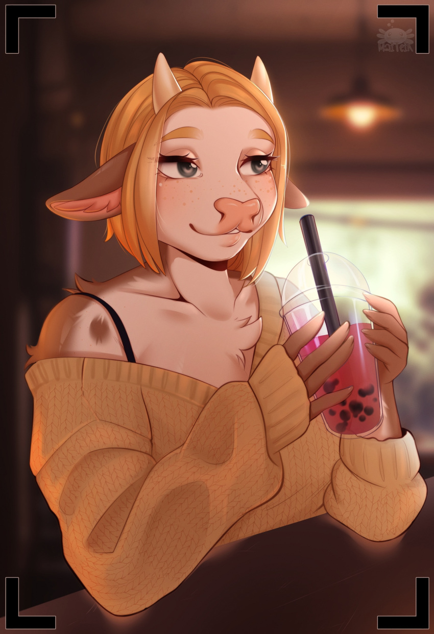 2_horns anthro beverage blonde_hair blush bovid bovine bubble_tea cafe cattle clothed clothing countershading detailed_background digital_media_(artwork) female fur grey_eyes hair half-length_portrait hi_res horn inside looking_away maiteik mammal photo portrait smile solo sweater tan_body tan_fur tea topwear watermark white_body white_fur