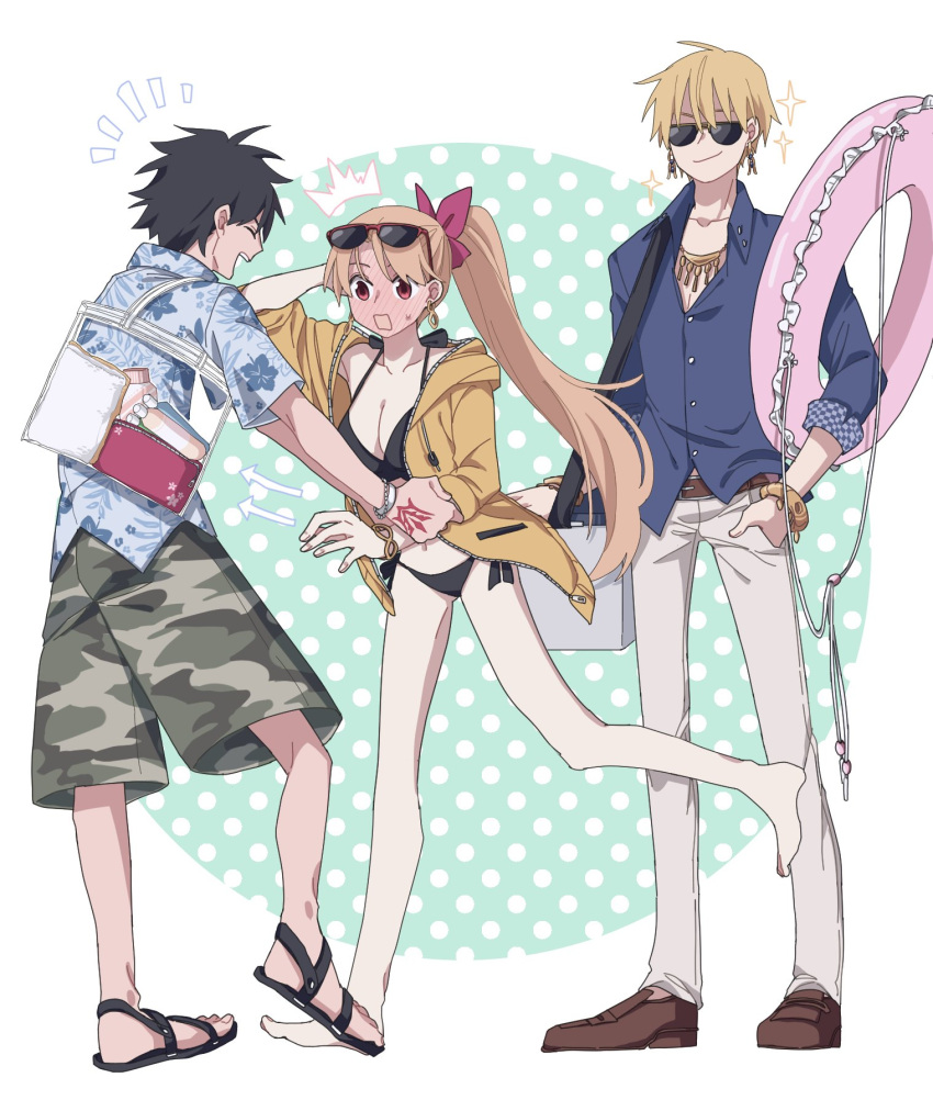 1girl 2boys alternate_costume alternate_hairstyle bag barefoot belt belt_buckle bikini black_bikini black_footwear black_hair blonde_hair blue_shirt blush breasts brown_belt brown_footwear brown_shorts buckle buttons camouflage camouflage_shorts cleavage closed_eyes closed_mouth collarbone command_spell commentary ereshkigal_(fate) eyewear_on_head fate/grand_order fate_(series) floral_print fujimaru_ritsuka_(male) fujimaru_ritsuka_(male)_(tropical_summer) gilgamesh_(caster)_(fate) gilgamesh_(fate) gilgamesh_(sensha_otoko)_(fate) hair_ribbon hand_in_pocket hawaiian_shirt highres hinata_(eine_blume) holding holding_innertube hood hood_down hooded_jacket innertube jacket long_hair medium_breasts multiple_boys navel official_alternate_costume open_clothes open_jacket open_mouth pants ponytail red_eyes red_ribbon ribbon sandals shirt shoes short_hair shorts sleeves_rolled_up smile sunglasses sweatdrop swimsuit symbol-only_commentary toes transparent_bag very_long_hair white_pants yellow_jacket