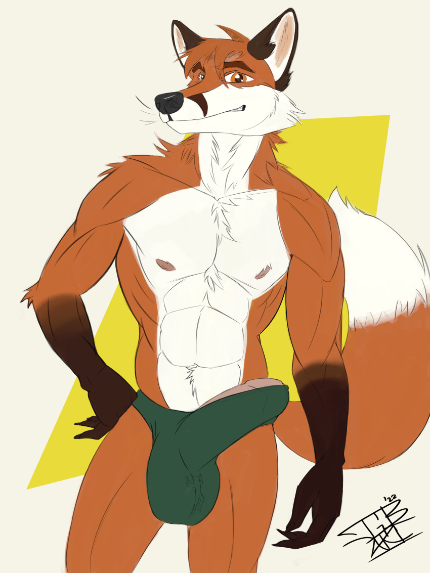 absurd_res balls_outline bulge canid canine clothing detailed_bulge fox genital_outline genitals hi_res hyper inside_clothing inside_underwear justagoodboy macro male mammal micro muscular penis penis_outline pinup pose twunk