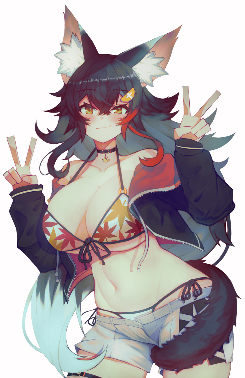 1girl :3 absurdres animal_ear_fluff animal_ears bangs bikini black_hair blush breasts flipped_hair grey_hair hair_between_eyes hair_ornament hairclip highres hololive jacket large_breasts long_hair looking_at_viewer multicolored_hair off_shoulder ookami_mio red_hair revision shorts sidelocks simple_background solo spiked_hair streaked_hair swimsuit tail tail_around_leg tail_wrap v varniskarnis very_long_hair virtual_youtuber white_background white_hair wolf_ears wolf_girl wolf_tail yellow_eyes