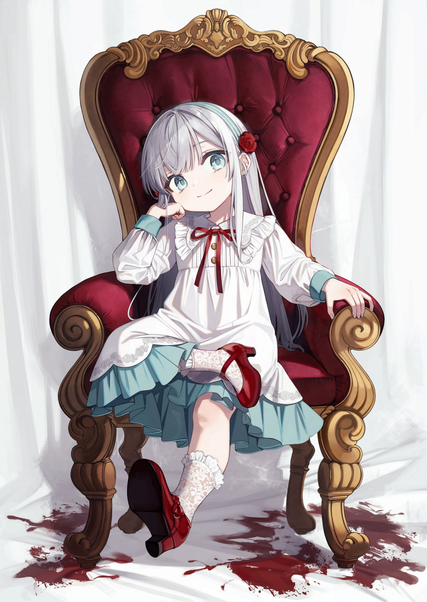 1girl arm_support bangs blood blood_stain blue_eyes center_frills chair child closed_mouth dress frills hand_on_own_cheek hand_on_own_face head_tilt high_heels highres ji_mag_(artist) kyouran_reijou_nia_liston lace-trimmed_socks long_hair long_sleeves looking_at_viewer neck_ribbon nia_liston official_art on_chair petticoat red_footwear red_ribbon ribbon sitting smile socks solo very_long_hair white_dress white_hair white_socks