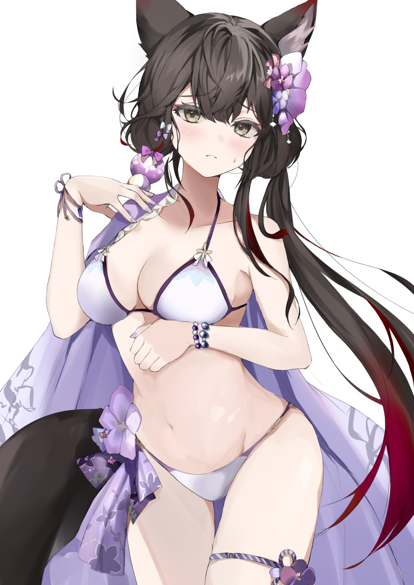 1girl absurdres animal_ear_fluff animal_ears bangs bare_arms bead_bracelet beads bikini blue_archive blush bracelet breasts brown_eyes brown_hair collarbone flower flower_knot fox_ears fox_girl fox_tail groin hair_flower hair_ornament halterneck hasetsu_(hasss0113) highres jewelry long_hair looking_at_viewer multicolored_hair navel purple_nails red_hair simple_background solo stomach streaked_hair string_bikini sweatdrop swimsuit tail thigh_strap thighs wakamo_(blue_archive) wakamo_(swimsuit)_(blue_archive) white_background white_bikini