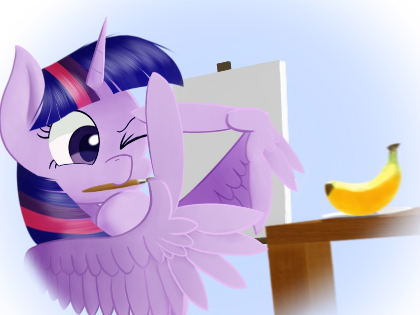 banana equid equine feathers female feral food friendship_is_magic fruit hi_res horn mammal my_little_pony one_eye_closed pencil_in_mouth pitybug plant purple_body purple_feathers solo twilight_sparkle_(mlp) winged_unicorn wings