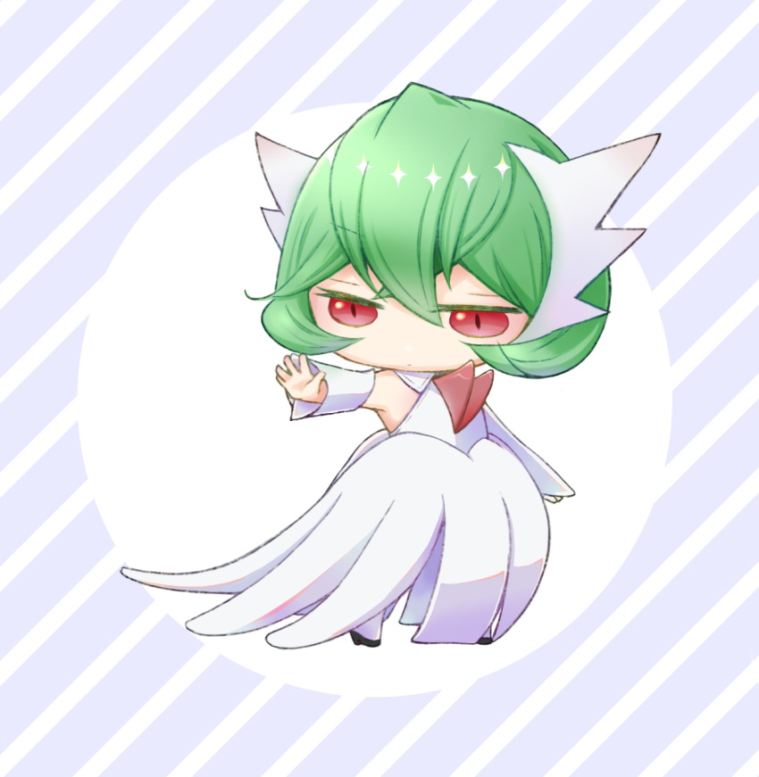 1girl arm_at_side arm_up bangs bare_shoulders black_footwear blue_background bob_cut chibi closed_mouth commentary crossed_bangs detached_sleeves dress english_commentary expressionless flat_chest full_body gardevoir green_hair hair_between_eyes half-closed_eyes high_heels highres humanization mega_gardevoir mega_pokemon okaka_(pixiv_76094340) outstretched_arm pokemon red_eyes shiny shiny_hair shoes short_hair sidelocks sleeveless sleeveless_dress solo standing striped striped_background thighhighs vocaloid white_dress white_sleeves white_thighhighs