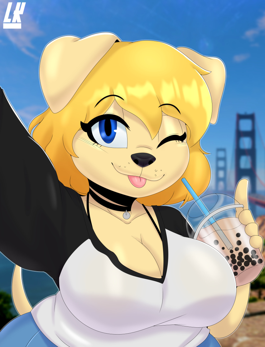 2022 absurd_res anthro beverage big_breasts big_butt bird_dog blonde_hair blue_eyes breasts bubble_tea butt canid canine canis clothed clothing collar curvy_figure detailed_background digital_drawing_(artwork) digital_media_(artwork) domestic_dog female fur golden_retriever hair hi_res hunting_dog lobokosmico looking_at_viewer mammal marzia_(lobokosmico) outside retriever san_francisco selfie short_stack smile solo thick_thighs tongue tongue_out topwear