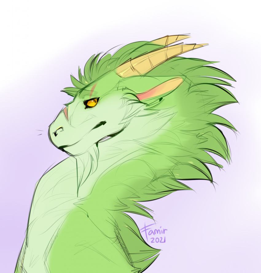 2021 bust_portrait colored_sketch dated dragon facial_hair famir_(artist) famir_(character) fur furred_dragon glistening glistening_eyes goatee green_body green_ears green_fur green_head_tuft hi_res horn long_neck looking_aside male mouth_closed neck_tuft portrait pupils side_view simple_background sketch slit_pupils solo tuft white_background
