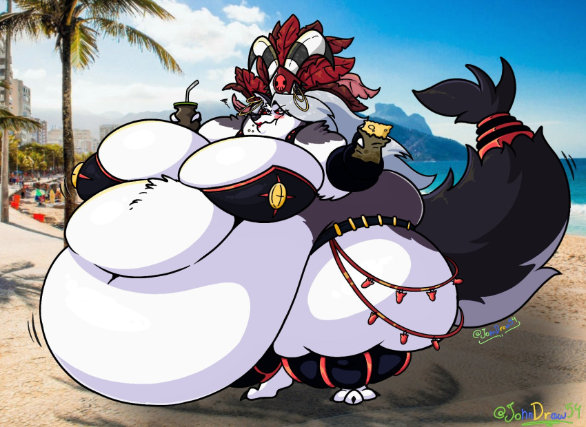 2022 anthro beach belly big_belly big_breasts blush brazil breasts canid canid_demon canine clothed clothing crumbs demon digital_media_(artwork) ear_piercing ear_ring eating female food fur hair hellhound helluva_boss hi_res horn huge_breasts jewelry johndraws54 lipstick loona_(helluva_boss) loona_in_mexico makeup mammal meme morbidly_obese morbidly_obese_anthro morbidly_obese_female multicolored_body multicolored_fur obese obese_anthro obese_female overweight overweight_anthro overweight_female photo_background piercing red_sclera ring_piercing seaside solo thick_thighs two_tone_body two_tone_fur white_body white_fur wide_hips