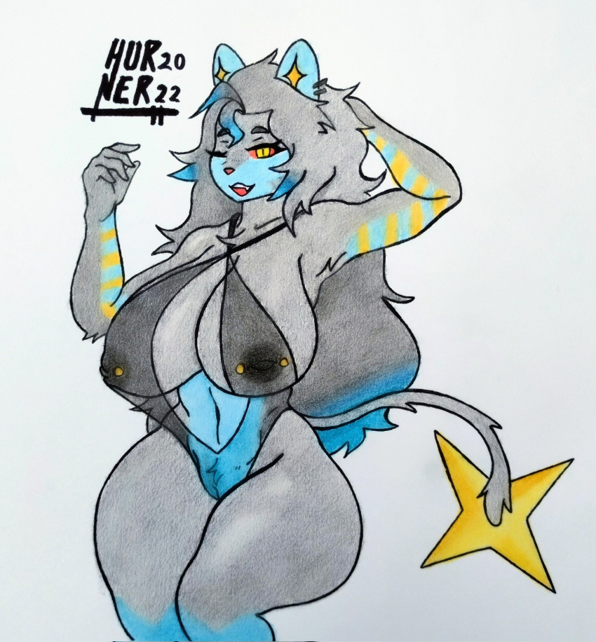 anthro areola big_breasts black_areola breasts clothed clothing felid feline female fishnet fishnet_clothing fishnet_topwear fur generation_4_pokemon genitals hair hi_res hurner long_hair looking_at_viewer luxray luz_carvalho(jenkinsc37) mammal nintendo nipple_piercing nipples open_mouth piercing pokemon pokemon_(species) pokemorph pupils pussy red_sclera simple_background smile solo thick_thighs tongue topwear traditional_media_(artwork) translucent translucent_clothing video_games wide_hips yellow_pupils