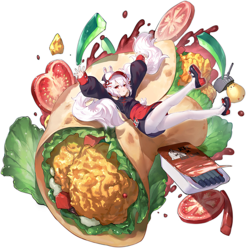 &gt;_&lt; 1girl ass azur_lane black_footwear black_sweater chicken_(food) food highres kaede_(yumesaki_kaede) ketchup kfc laffey_(azur_lane) laffey_(teriyaki_twister)_(azur_lane) lettuce light_purple_hair long_hair long_sleeves looking_at_viewer lying manjuu_(azur_lane) official_alternate_costume official_art on_back pantyhose puffy_sleeves red_eyes sauce shoes solo sweater thighband_pantyhose tomato torpedo transparent_background twintails very_long_hair white_pantyhose