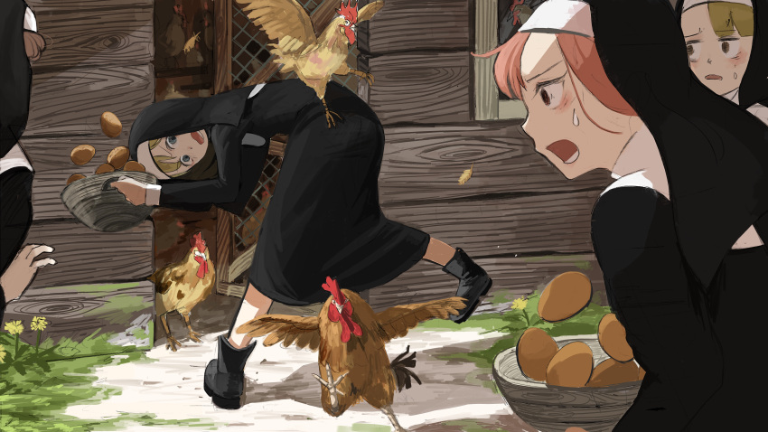 4girls :o absurdres animal bird blue_eyes blush boots brown_eyes brown_hair catholic character_request chicken chicken_coop clumsy_nun_(diva) day diva_(hyxpk) dress egg flower habit highres hungry_nun_(diva) little_nuns_(diva) long_hair mesh multiple_girls nun open_mouth outdoors red_hair revision spicy_nun_(diva) sweat sweatdrop veil wings wooden_wall
