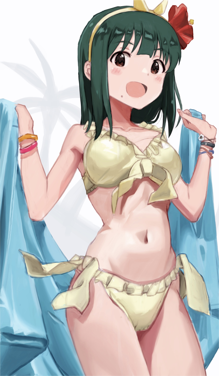 1girl absurdres bangs bikini blush bracelet breasts brown_eyes chikoku flower frilled_bikini frills green_hair hair_flower hair_ornament hairband hibiscus highres holding idolmaster idolmaster_(classic) jewelry looking_at_viewer mole mole_under_mouth open_mouth otonashi_kotori red_flower short_hair simple_background solo swimsuit white_background yellow_bikini yellow_hairband