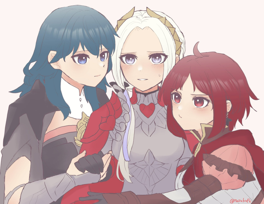 arm_hug blue_eyes blue_hair byleth_(fire_emblem) byleth_(fire_emblem)_(female) cape edelgard_von_hresvelg fire_emblem fire_emblem:_three_houses fire_emblem_warriors:_three_hopes girl_sandwich highres holding_hands hug looking_at_another monica_von_ochs pout purple_eyes rasukuma red_eyes red_hair sandwiched short_hair sweatdrop upper_body white_hair yuri