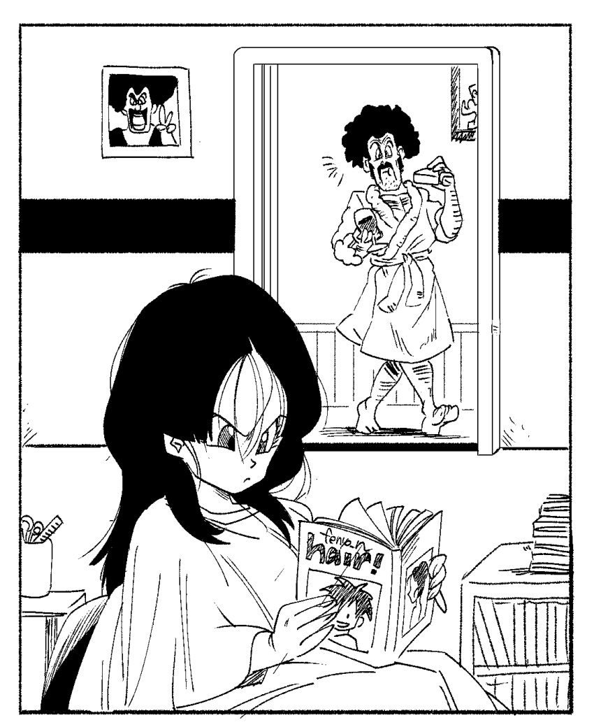 1boy 1girl :/ ^^^ afro alcohol alternate_hairstyle artist_name barefoot black_hair cup dragon_ball dragon_ball_z drinking_glass eating facial_hair father_and_daughter fenyon frown full_body furrowed_brow highres holding holding_cup holding_magazine indoors magazine_(object) messy_hair monochrome mr._satan mustache photo_(object) reading surprised videl walking wine wine_glass