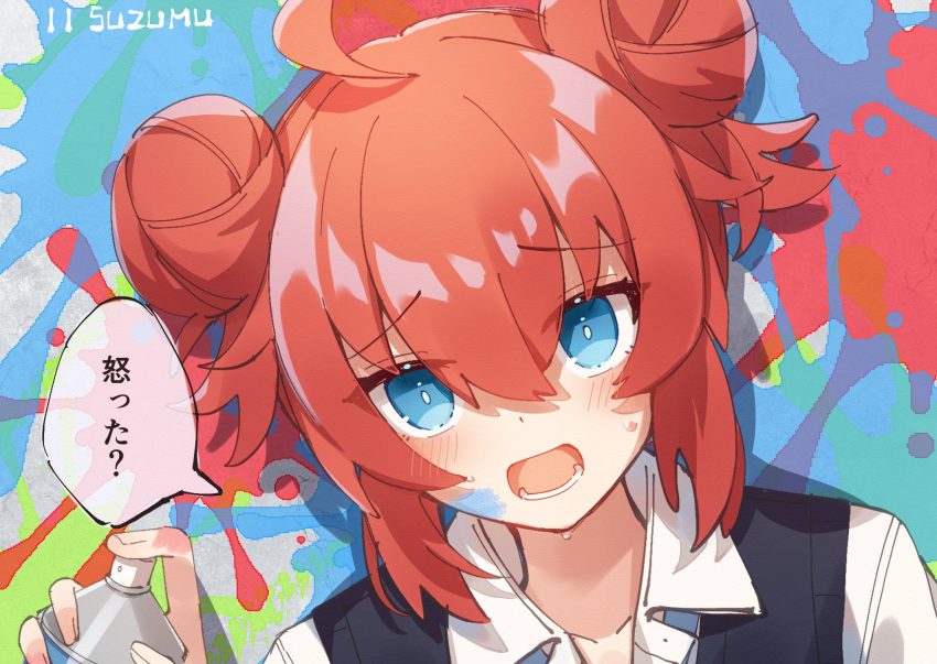 1girl ahoge artist_name bangs blue_archive blue_eyes blue_necktie blush close-up collarbone collared_shirt double_bun graffiti hair_bun highres holding looking_at_viewer lower_teeth maki_(blue_archive) multicolored_background necktie open_mouth paint_splatter paint_splatter_on_face red_hair shirt short_hair sidelocks solo speech_bubble spray_can spray_paint suzu_(alpha_diamant) sweat sweater_vest teeth upper_body white_shirt worried