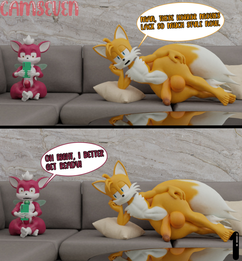 3d_(artwork) anthro balls camseven canid canine casual_nudity chip_(sonic) crossed_legs digital_media_(artwork) dipstick_tail duo erection fox fur furniture genitals girly hair half-closed_eyes hi_res looking_at_viewer lying male mammal markings miles_prower multi_tail narrowed_eyes on_side orange_body orange_fur penis phone pillow red_body red_fur reflection sega sofa sonic_the_hedgehog_(series) sonic_the_hedgehog_series sonic_unleashed tail_markings teapot_(body_type) thick_thighs unknown_species watermark white_hair wide_hips wings