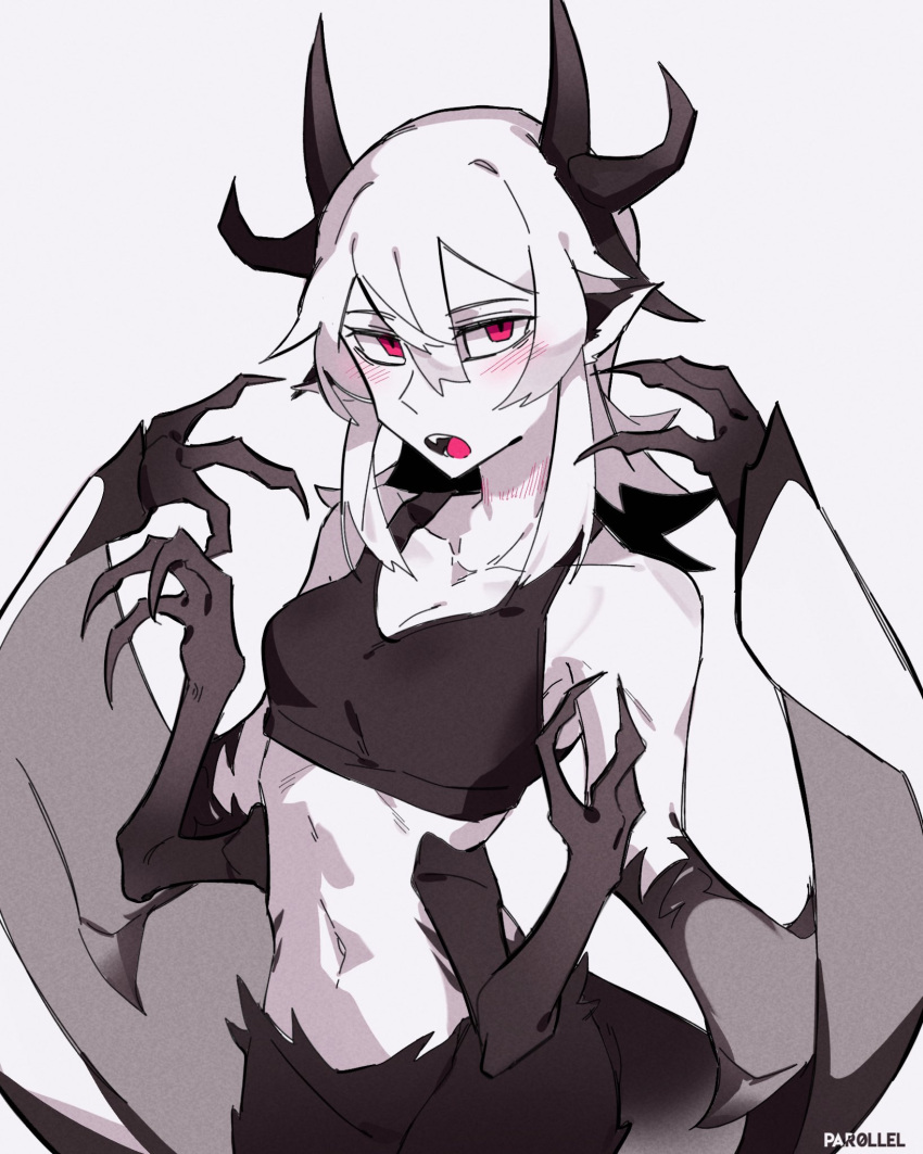 1girl animal_ears artist_name black_fur black_horns black_skin black_sports_bra blush borrowed_character claws colored_skin dragon_girl dragon_horns extra_arms fangs fewer_digits fur hair_between_eyes hands_up highres horns long_hair looking_at_viewer midriff monster_girl open_mouth original par0llel pink_eyes simple_background solo sports_bra standing upper_body white_background white_hair white_skin winged_arms wings