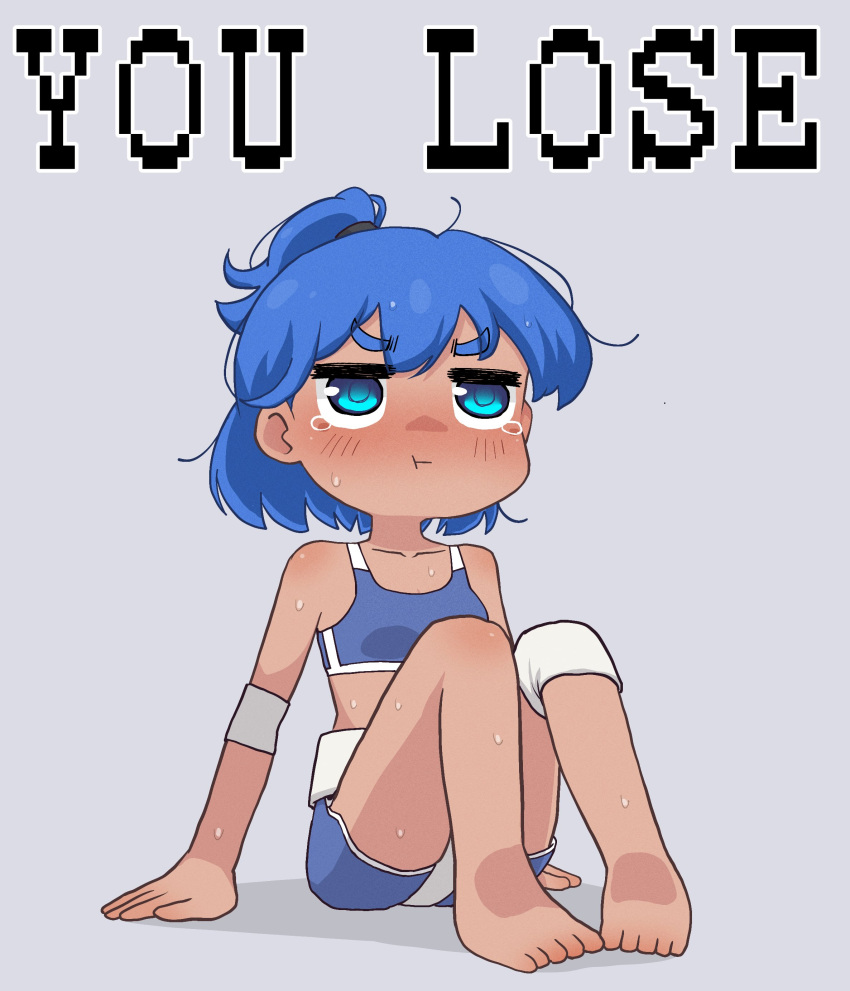 1girl :t absurdres bare_shoulders barefoot blue_eyes blue_hair blue_shorts blush breasts closed_mouth collarbone commentary_request english_text fool_iketani full_body grey_background highres knee_pads knees_up original pixelated ponytail pout shadow short_eyebrows short_shorts shorts simple_background single_knee_pad sitting small_breasts solo tears thick_eyebrows