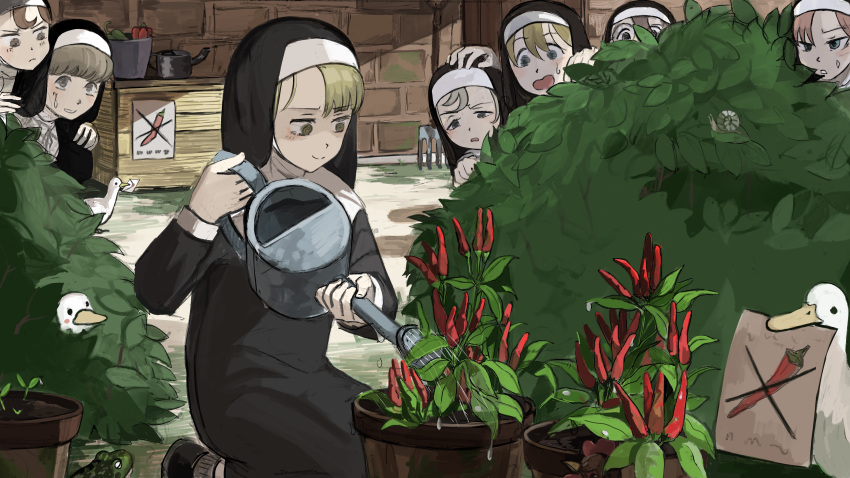 6+girls absurdres bird blonde_hair blue_eyes brown_eyes brown_hair bush catholic chicken chili_pepper clumsy_nun_(diva) diva_(hyxpk) duck frog froggy_nun_(diva) gardening glasses glasses_nun_(diva) habit hand_on_another's_head hand_on_another's_shoulder hiding highres holding holding_letter holding_watering_can hungry_nun_(diva) letter little_nuns_(diva) multiple_girls nun open_mouth plant poster_(object) potted_plant rake revision sheep_nun_(diva) snail spicy_nun_(diva) sweatdrop veil watering_can yellow_eyes