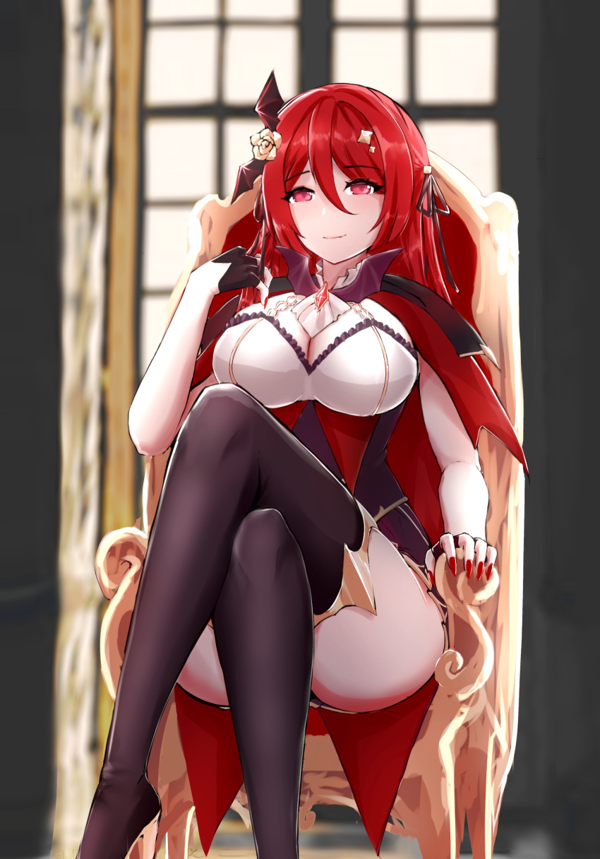 ascot ass bat_hair_ornament black_gloves black_ribbon black_thighhighs breasts cape capelet cleavage crossed_legs fingerless_gloves flower gloves hair_flower hair_ornament hair_ribbon high_heels highres himea_d'almaria large_breasts long_hair red_eyes red_hair red_nails ribbon sitting slash-ex smile smug sparkle_hair_ornament thighhighs throne underbust vampire_costume virtual_youtuber wactor_production