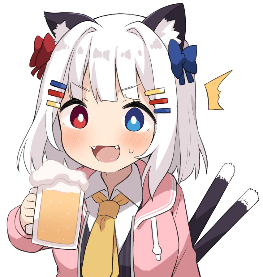 1girl :d ^^^ alcohol animal_ear_fluff animal_ears beer beer_mug black_vest blue_bow blue_eyes blush bow cat_ears cat_girl cat_tail collared_shirt commentary_request cup drawstring fangs hair_bow hair_ornament hairclip heterochromia highres holding holding_cup hood hood_down hooded_jacket jacket looking_at_viewer mug muku_(muku-coffee) multiple_tails necktie open_clothes open_jacket original pink_jacket red_bow red_eyes shirt simple_background smile solo sweat tail two_tails upper_body vest white_background white_shirt yellow_necktie