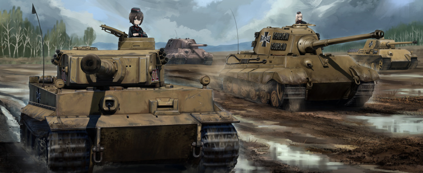 2girls absurdres black_headwear black_jacket blonde_hair blue_eyes brown_eyes brown_hair cannon caterpillar_tracks cloud cloudy_sky cross day dress_shirt emblem forest garrison_cap girls_und_panzer ground_vehicle gun hat highres iron_cross itsumi_erika jacket kk90 kuromorimine_(emblem) kuromorimine_military_uniform long_hair long_sleeves machine_gun military military_hat military_uniform military_vehicle motor_vehicle multiple_girls nature nishizumi_maho outdoors red_shirt shirt short_hair sky tank tiger_i tiger_ii tree turret uniform weapon wing_collar