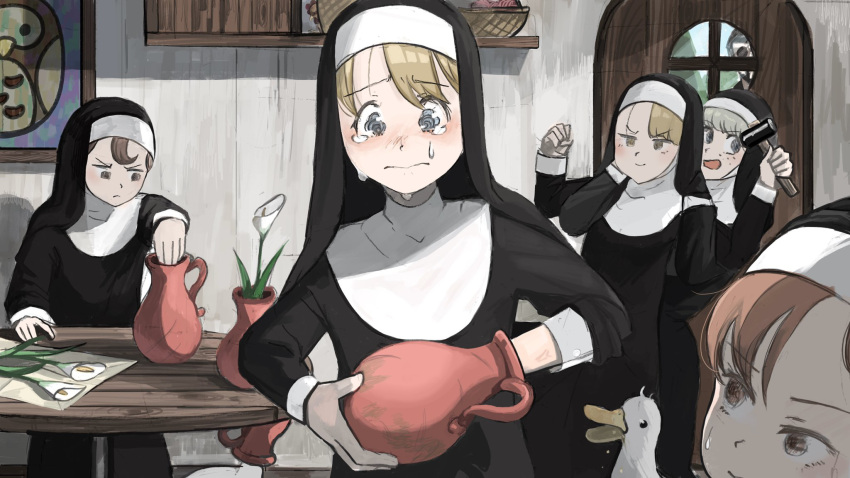 1boy 5girls arm_grab basket beard bird blonde_hair blue_eyes blush brown_eyes brown_hair catholic chicken clumsy_nun_(diva) crying diva_(hyxpk) door duck facial_hair father_(diva) flower freckles froggy_nun_(diva) habit hammer highres holding holding_hammer hungry_nun_(diva) in_container lily_(flower) little_nuns_(diva) making-of_available multiple_girls nun open_mouth owl painting_(object) picture_frame priest red_eyes red_hair sheep_nun_(diva) spicy_nun_(diva) stuck sunglasses sweatdrop table tears vase veil when_you_see_it worried yellow_eyes