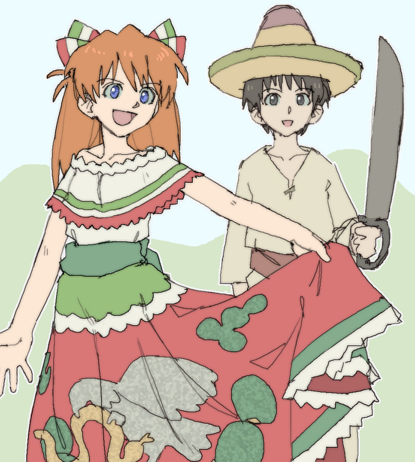 1boy 1girl black_hair blue_eyes dress grey_eyes hair_ornament hat highres holding ikari_shinji machete mexican_dress mexico neon_genesis_evangelion open_mouth orange_hair pantsu-ripper sombrero souryuu_asuka_langley standing