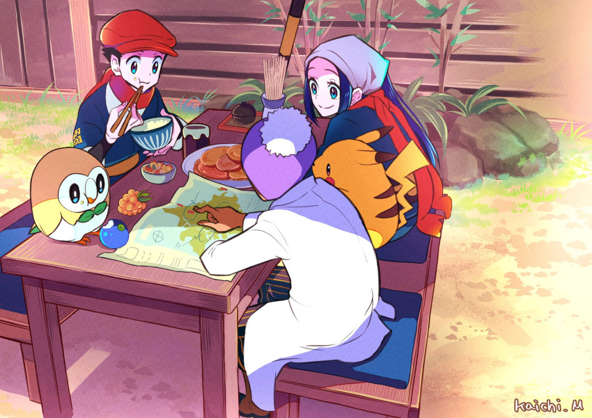 1girl 2boys akari_(pokemon) artist_name black_hair blue_eyes cabbie_hat chopsticks commentary_request eating food food_on_face galaxy_expedition_team_survey_corps_uniform hat highres holding holding_chopsticks japanese_clothes kaichi210 labcoat laventon_(pokemon) map multiple_boys pikachu pokemon pokemon_(game) pokemon_legends:_arceus red_headwear red_scarf rei_(pokemon) rowlet scarf smile solo table wooden_table