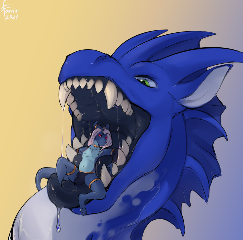 2021 ambiguous_gender anthro blue_body blue_ears blue_frill blue_horn blue_tongue bodily_fluids bottomwear bulge clothed clothing dark_tongue dated detailed_bulge dragon drooling duo famir_(artist) fangs frill_(anatomy) front_view glistening glistening_eyes glistening_tongue green_eyes head_crest head_frill hi_res horn in_mouth looking_at_viewer lying male mouth_shot on_back open_mouth pupils red_eyes saliva saliva_on_tongue saliva_string simple_background slit_pupils tongue topless vore