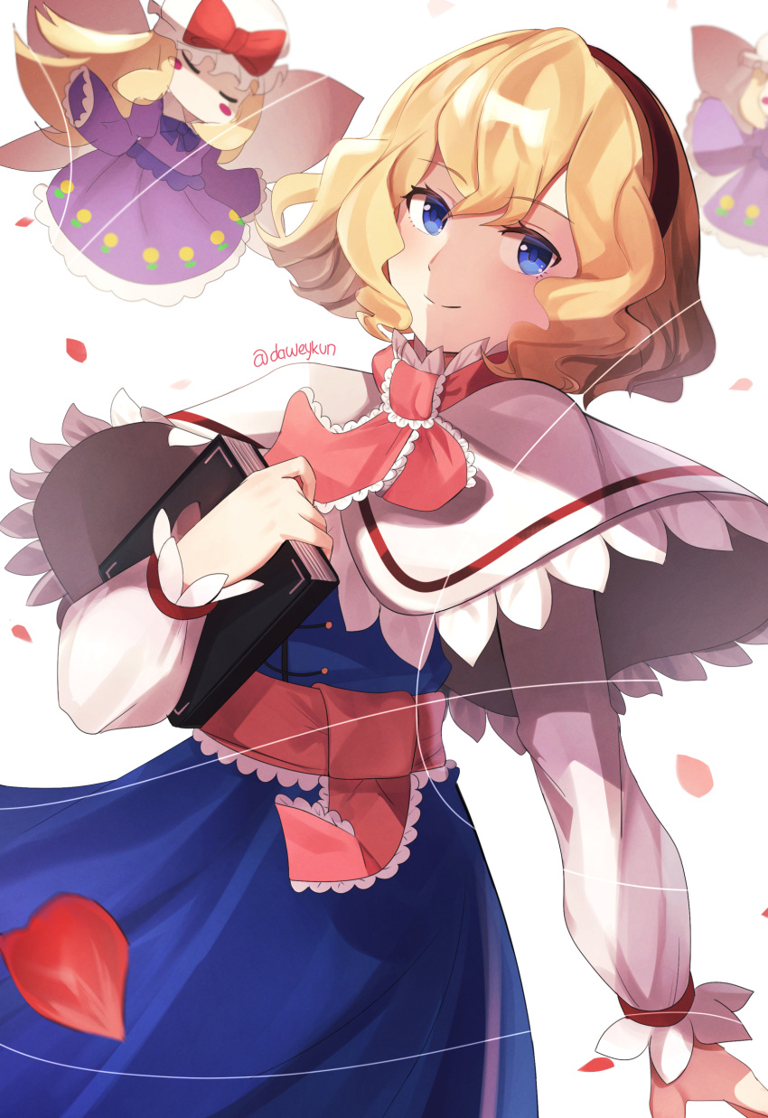1girl absurdres alice_margatroid blonde_hair blue_dress blue_eyes book capelet closed_mouth daweykun doll dress grimoire_of_alice hair_between_eyes hairband highres holding holding_book long_sleeves puppet_strings red_hairband shanghai_doll short_hair simple_background smile solo touhou twitter_username upper_body white_background white_capelet
