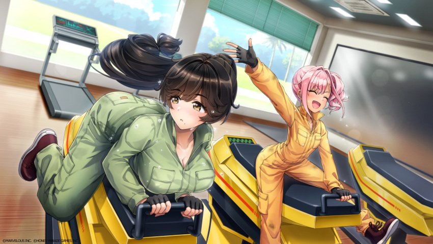 2girls ^_^ arm_up black_gloves black_hair breasts brown_footwear cleavage closed_eyes dark-skinned_female dark_skin dolphin_wave fang fingerless_gloves gloves green_jumpsuit highres jumpsuit large_breasts long_hair looking_to_the_side lying multiple_girls official_art on_stomach open_mouth orange_jumpsuit pink_hair ponytail side_ponytail urami_kana very_long_hair wavy_hair yabame_yume
