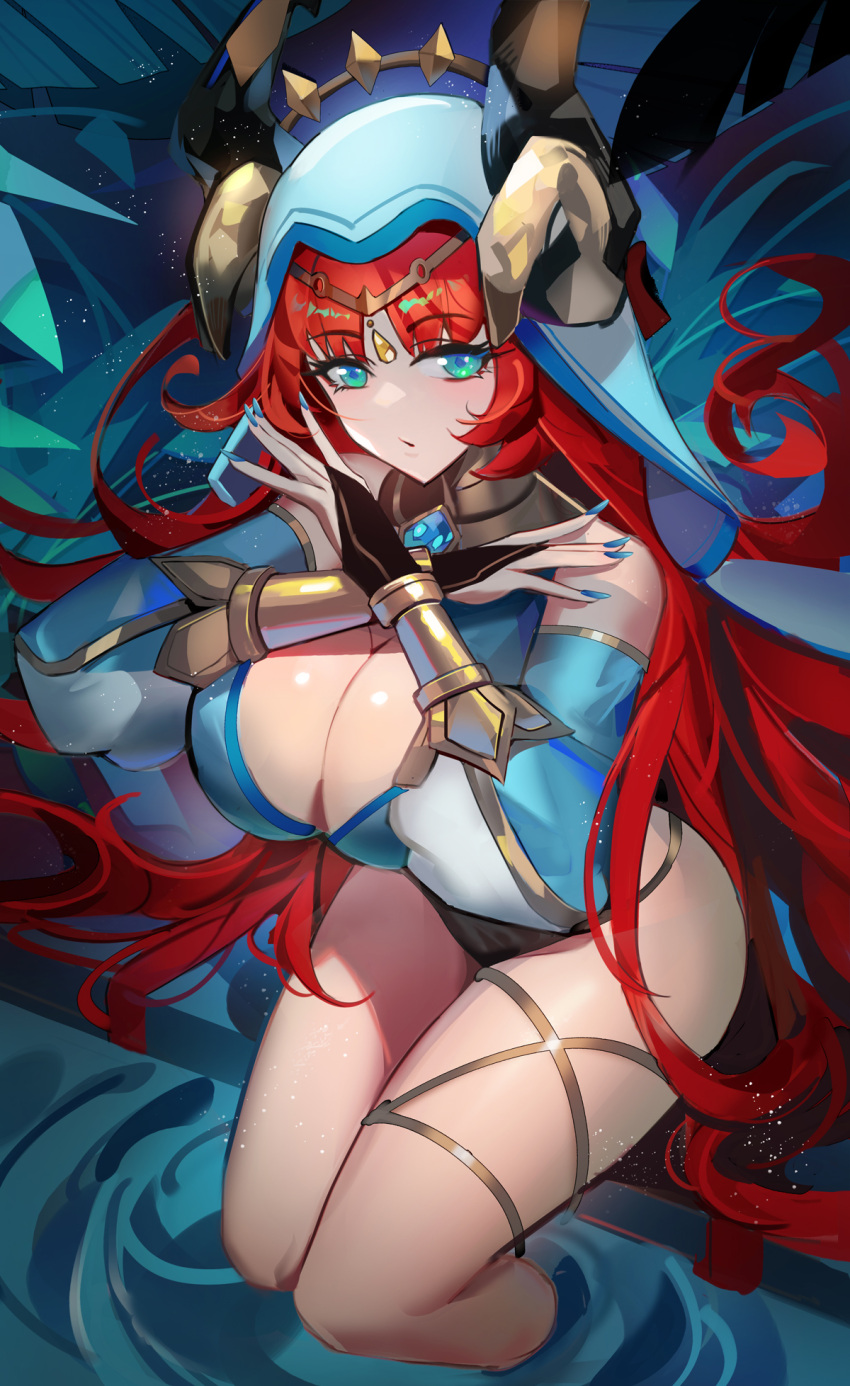 1girl aqua_eyes blue_nails breasts circlet closed_mouth crossed_arms detached_sleeves forehead_jewel genshin_impact hands_up highres horns kuroha_(rockluo213) large_breasts long_hair looking_at_viewer nilou_(genshin_impact) red_hair revision sitting soaking_feet solo thighlet thighs vambraces veil very_long_hair water wavy_hair
