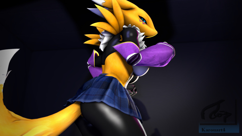 2022 3_fingers 3d_(artwork) anthro areola armwear bandai_namco black_clothing blue_eyes bottomwear breasts chest_tuft clothed clothing detailed_background digimon digimon_(species) digital_media_(artwork) female fingers fur hi_res karouart legwear light lighting nipples open_mouth portrait raised_tail renamon rubber rubber_clothing signature skirt solo source_filmmaker symbol three-quarter_portrait tuft upskirt white_body white_fur yellow_body yellow_fur