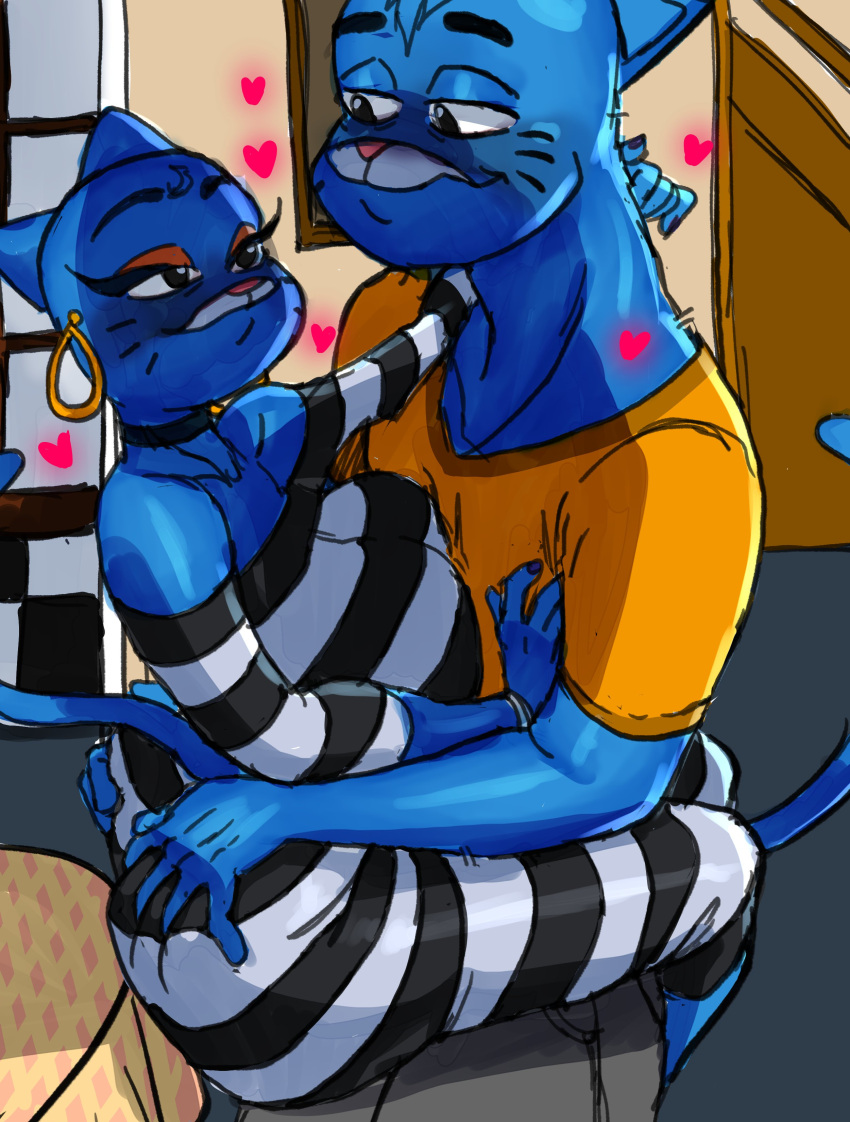 &lt;3 2022 5_fingers absurd_res aged_up anthro anthro_on_anthro big_breasts big_butt black_choker black_eyebrows black_jewelry black_necklace blue_body blue_fur bottomwear breasts butt butt_grab cartoon_network choker clothed clothing detailed_background digital_media_(artwork) domestic_cat duo ear_piercing ear_ring eyebrows eyelashes eyeshadow felid feline felis female fingers fully_clothed fur glistening glistening_eyelids glistening_eyes grey_bottomwear grey_clothing grey_pants gumball_watterson hand_around_neck hand_on_butt hand_on_chest hi_res holding_partner imminent_sex incest_(lore) infidelity jewelry legs_around_partner looking_at_another looking_at_partner makeup male male/female mammal markings mature_anthro mature_female mother mother_and_child mother_and_son necklace nicole_watterson orange_clothing orange_eyeshadow orange_shirt orange_topwear pants parent parent_and_child pattern_clothing piercing pink_nose prick_ears ring_piercing seanmalikdesigns shadow shirt son standing striped_clothing stripes textless the_amazing_world_of_gumball thick_eyebrows thick_eyelashes topwear whisker_markings