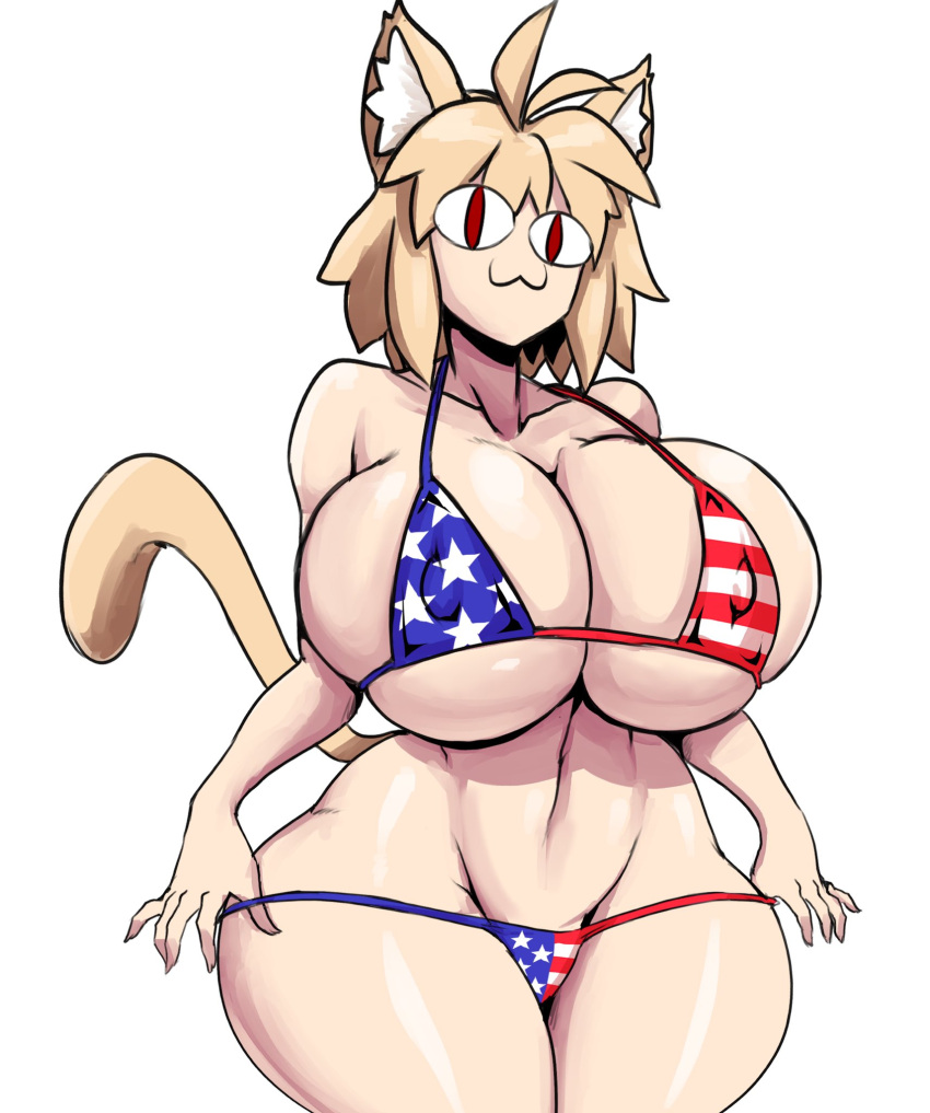 :3 animal_humanoid big_breasts bikini blonde_hair breasts cat_humanoid clothing felid felid_humanoid feline feline_humanoid female hair hi_res huge_breasts humanoid looking_at_viewer mammal mammal_humanoid navel neco-arc nipple_outline red_eyes smile solo stars_and_stripes swimwear thecon thick_thighs united_states_of_america white_body white_skin wide_hips