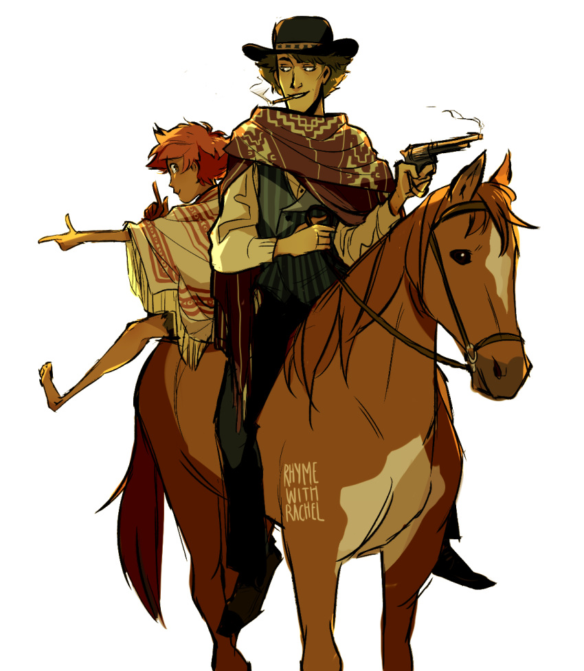 1boy 1girl animal artist_name barefoot black_headwear cigarette cowboy cowboy_bebop cowboy_western edward_wong_hau_pepelu_tivrusky_iv finger_gun gun hat highres horse looking_at_another orange_hair rhymewithrachel smoking spike_spiegel toon_(style) weapon