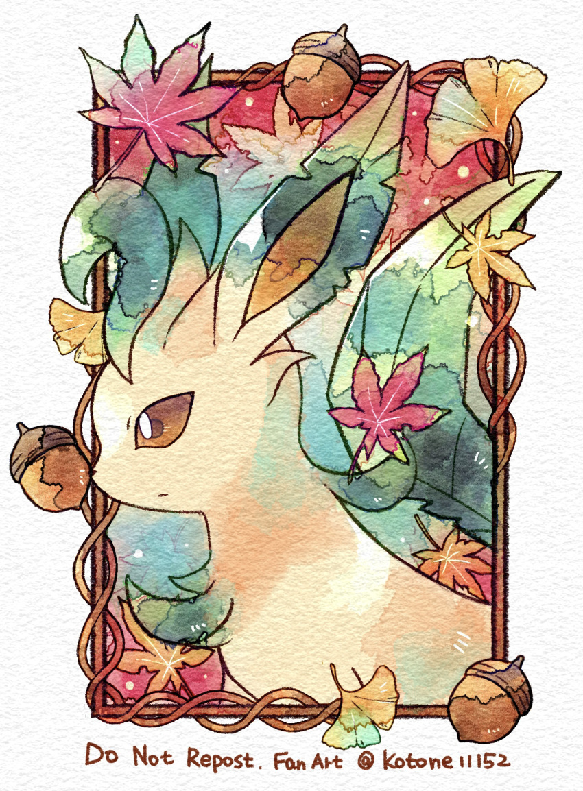 acorn autumn autumn_leaves border brown_eyes closed_mouth commentary_request framed highres kotone11152 leaf leafeon maple_leaf no_humans pokemon pokemon_(creature) solo upper_body white_border