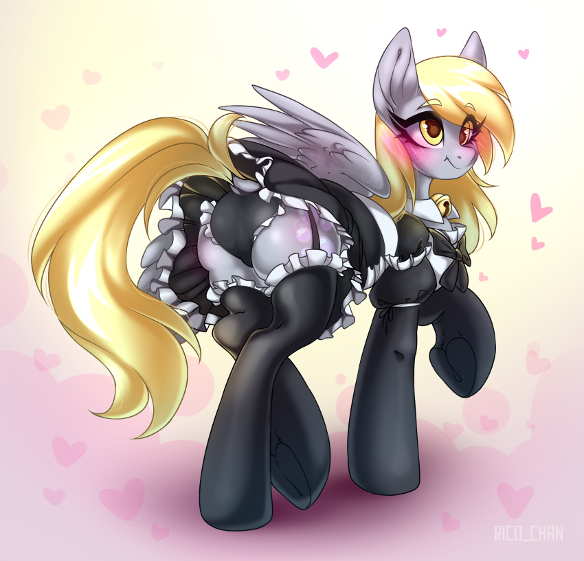 &lt;3 absurd_res bell blonde_hair blurred_background blush bottomwear butt clothing cutie_mark derp_eyes derpy_hooves_(mlp) digital_media_(artwork) dock equid equine eyelashes feathered_wings feathers female feral friendship_is_magic gradient_background grey_body grey_feathers hair hasbro hi_res hooves looking_at_viewer looking_back looking_back_at_viewer maid_uniform mammal my_little_pony panties pegasus presenting ribbons rico_chan simple_background skirt smile underhoof underwear uniform wings yellow_eyes yellow_tail