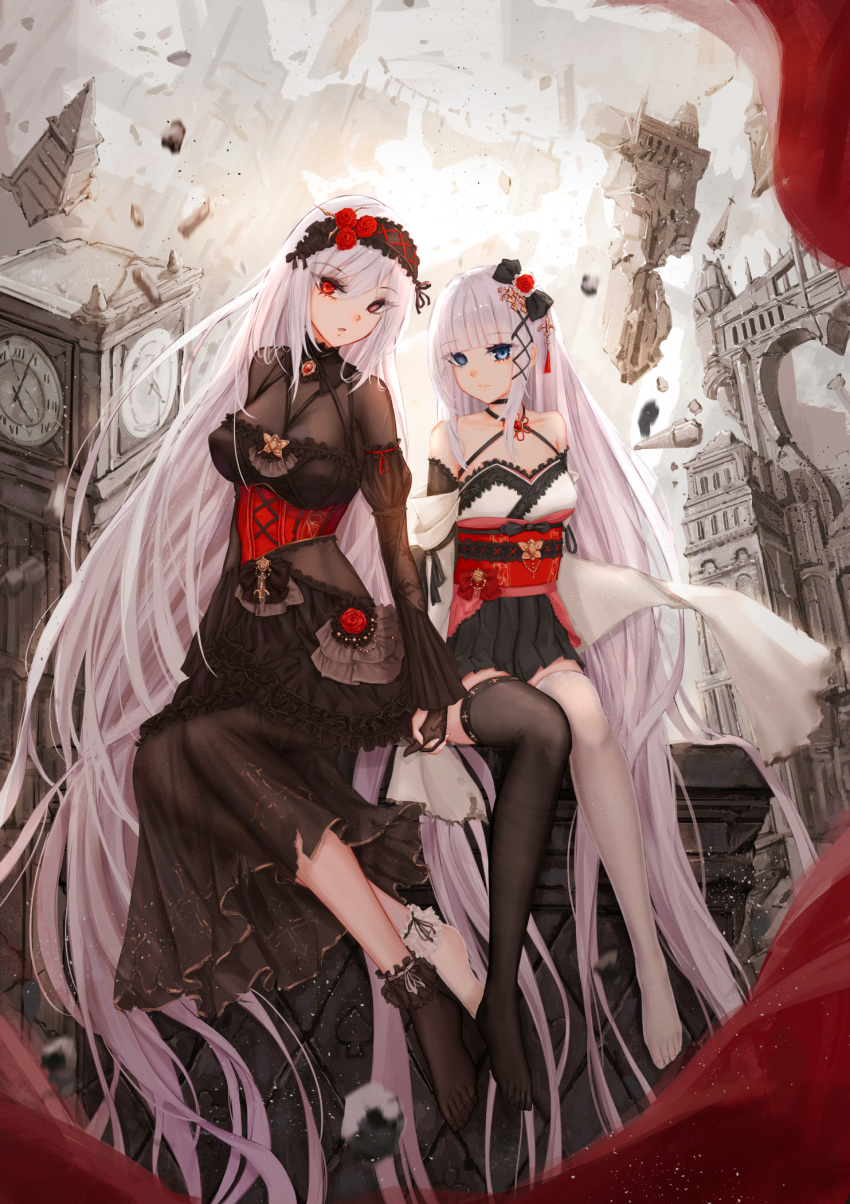 2girls black_socks black_thighhighs blue_eyes dress feet gothic_lolita highres japanese_clothes kimono legs lolita_fashion long_hair looking_at_viewer multiple_girls no_shoes original red_eyes socks thighhighs very_long_hair white_hair white_socks white_thighhighs yuri yuzuriha