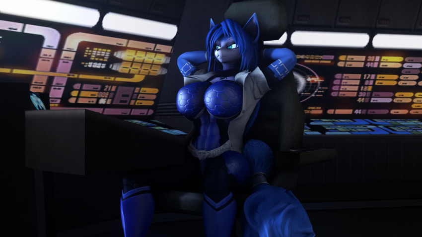 3d_(artwork) abs accessory anthro arm_tattoo big_breasts blue_body blue_clothing blue_eyes blue_fur breasts canid canine chair clothed clothed_female clothing computer digital_media_(artwork) female fox fur furgonomics furniture hair hands_on_back hi_res jacket krystal latex mammal mature_female muscular muscular_female nintendo on_chair sanguine_paladin sitting sitting_on_chair skinsuit solo star_fox tail_accessory tattoo technology tight_clothing topwear video_games white_body white_clothing white_fur