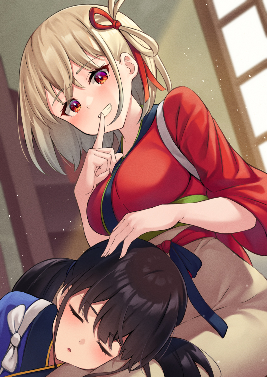 2girls absurdres apron black_hair blonde_hair blue_kimono blush breasts closed_mouth finger_to_mouth grin hair_ribbon highres index_finger_raised indoors inoue_takina japanese_clothes kimono lap_pillow large_breasts long_hair looking_at_viewer lycoris_recoil multiple_girls nishikigi_chisato on_person one_side_up parted_lips pizza_(pizzania_company) red_eyes red_kimono red_ribbon ribbon short_hair shushing sitting sleeping smile teeth twintails yuri