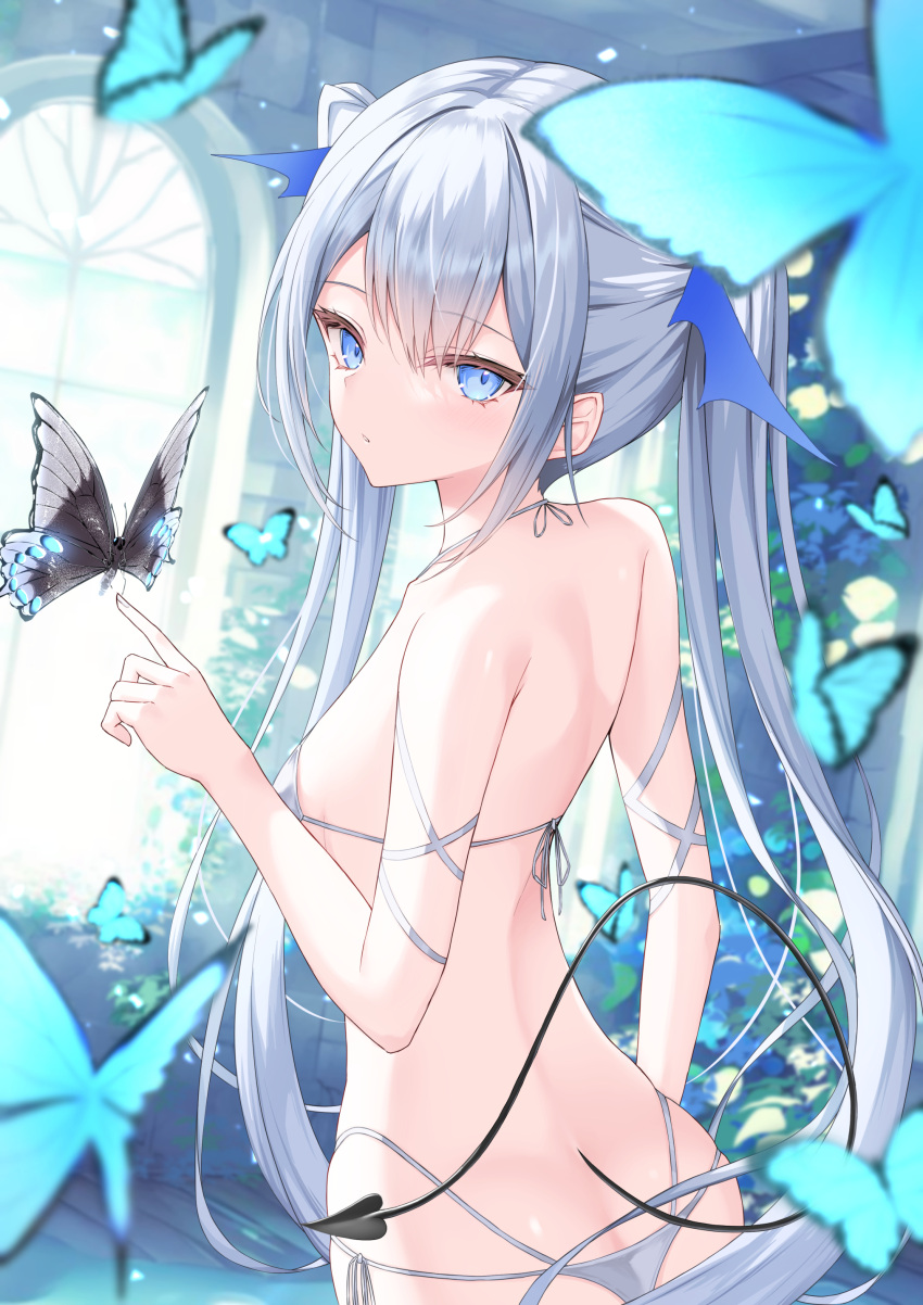 1girl absurdres arch arm_ribbon ass bangs bare_abck bare_arms bare_shoulders bikini black_butterfly black_tail blue_butterfly blue_eyes blurry breasts bug butterfly cowboy_shot demon_tail depth_of_field grey_hair hair_intakes head_wings highres indoors lis_111 long_hair looking_at_viewer micro_bikini original parted_lips ribbon side-tie_bikini_bottom sidelocks small_breasts solo standing string_bikini swimsuit tail twintails very_long_hair white_ribbon