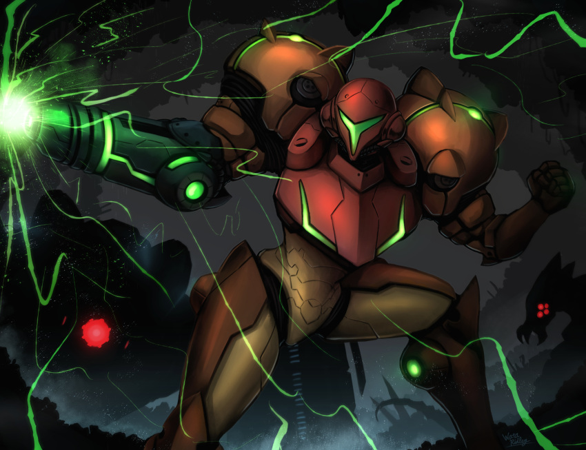 1girl arm_cannon cave clenched_hand diggernaut glowing glowing_eyes helmet highres laser metroid power_armor red_eyes samus_aran varia_suit wakaba_(wata_ridley) weapon zeta_metroid